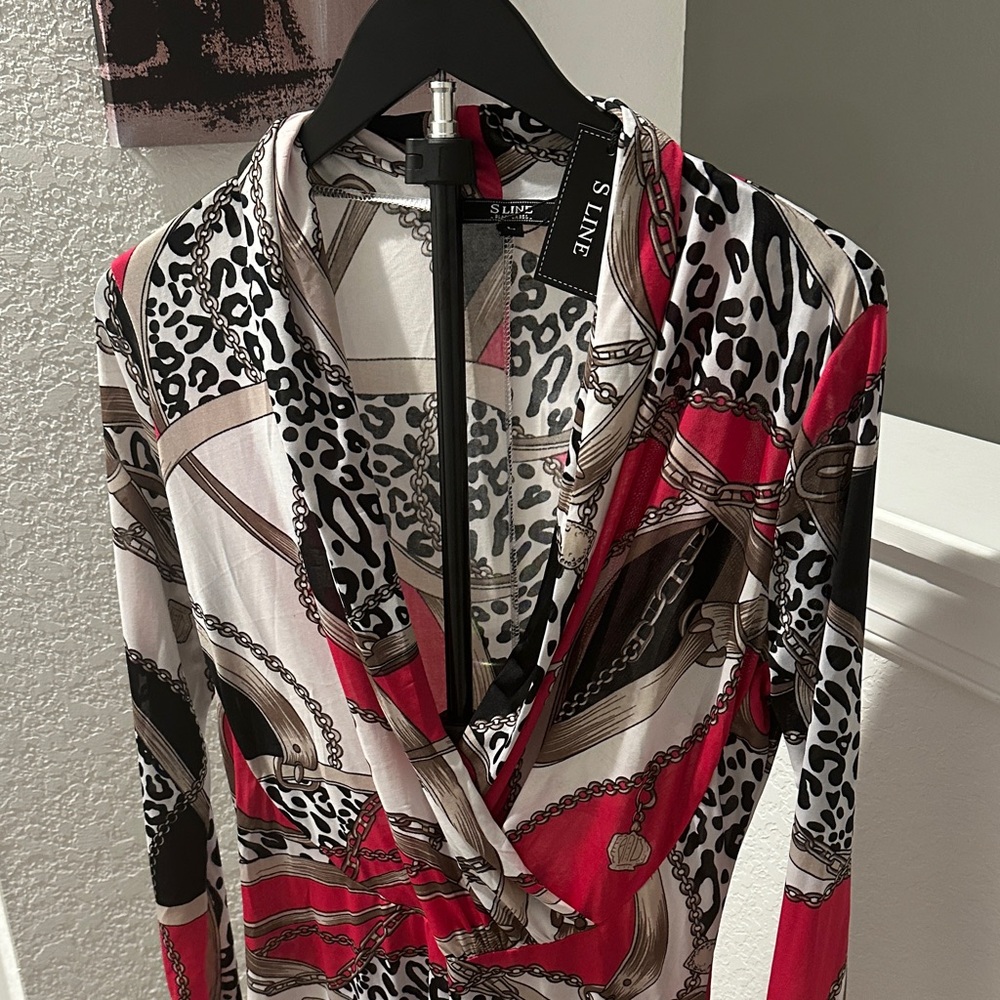 S.L. Fashions Red Chain & Leopard Print Long Sleeve Wrap Dress - Picture 2 of 8